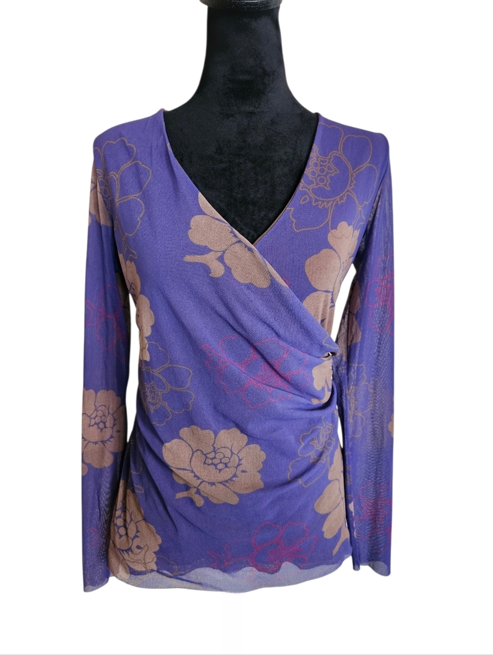 Vintage Y2K Lucy & Fiona Purple Floral Cross-Over Mesh Long Sleeve Top Size L
